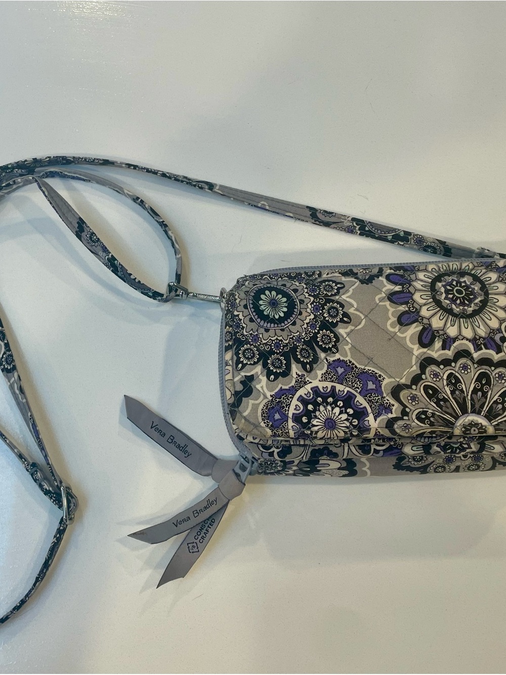 Vera Bradley Gray Floral Quilted Crossbody with Purple Accents